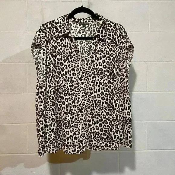 Adrianna PAPELL Women’s Button Top Large V-Collar Knit Cheetah Print Moss Crepe - Picture 1 of 6